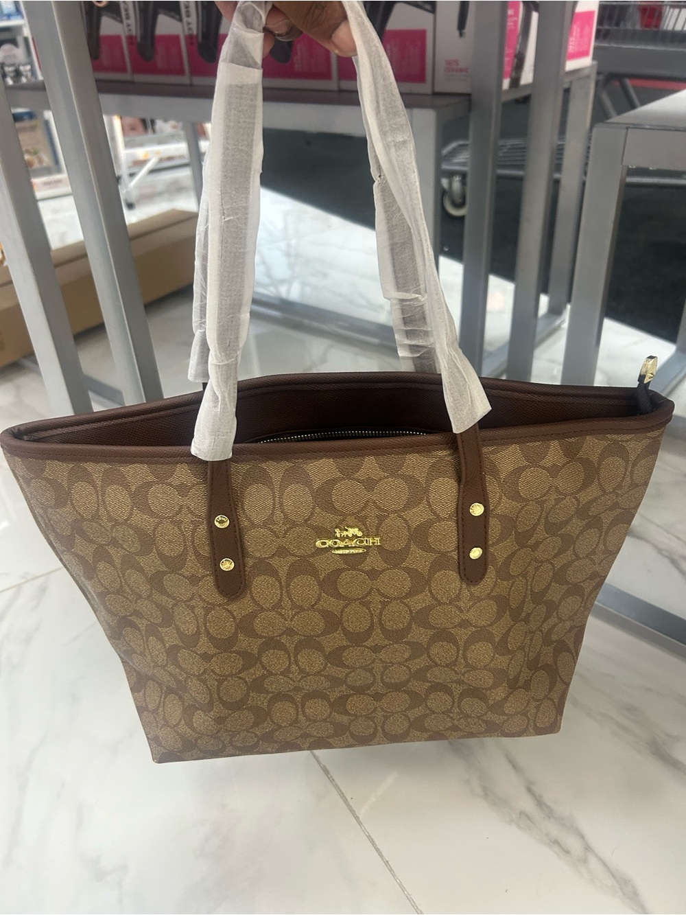 Source Unknown Brown Coach-Style Signature Canvas Tote with Dark Brown Trim